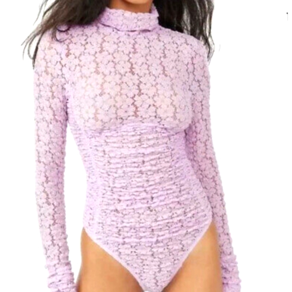 Free People Light Purple Lace Mockneck Long Sleeve Bodysuit, Size XS
